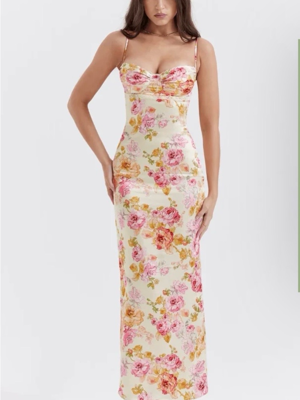 House of CB Josephina Cream Satin Floral Bustier Slip Dress in Pink & Peach
